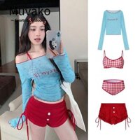 Bộ Bikini MUVAKO 4 Cái / bộ, Bộ đồ bơi nữ dài tay Y2k, Mùa hè nóng bỏng Bơi lội Áo cropamine thêu màu xanh