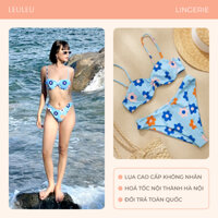 Bộ bikini rời áo tắm màu xanh biển bộ quần áo bơi 2 mảnh họa tiết hoa cá tính rực rỡ Leuleu Lingerie