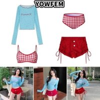 Bộ Bikini YOWFEM 4 Cái / bộ, Bộ đồ bơi nữ dài tay Y2k, Áo Crop top chống nắng mùa hè