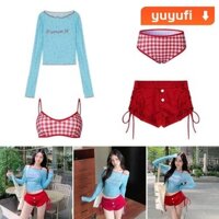 Bộ Bikini YUFI 4 Cái / bộ, Bộ đồ bơi nữ dài tay thêu màu xanh, Áo Crop top Y2k chống nắng mùa hè