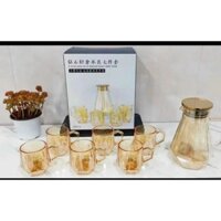 Bộ bình + 6 ly thủy tinh màu vàng