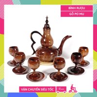 Bộ bình gỗ nâu trắng 1 bình 6 ly nguyên khối phong thủy cao cấp - Bình 18cm và Ly 5cm có đế kê