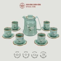 Bộ Bình Ly tao nhã - Men lam ngọc, men kem, vẽ đào giản dị - Handmade Oriental Tea Set, Bat Trang Traditional Ceramics