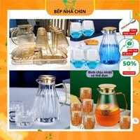 Bộ Bình Nước Kèm 6 Ly Thuỷ Tinh Pha Lê Cao Cấp Sang Trọng Chịu Nhiệt 400 Độ Đun Được Trên Bếp M01
