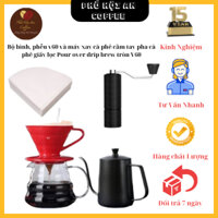 Bộ bình, phễu v60 và máy xay cà phê cầm tay pha cà phê giấy lọc Pour over drip brew tròn V60