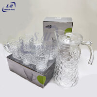 Bộ bình rót 1700mlvà 6 ly thủy tinh 210ml có quai cầm hoa văn vảy cá DELI hàng cao cấp