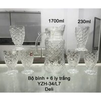 Bộ bình rót và 6 ly thủy tinh có quai cầm hoa văn vảy cá DELI hàng cao cấp / bình ly cao và bình ly thấp