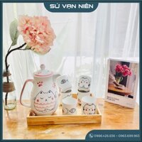 Bộ bình sứ rót nước (Kèm khay gỗ) - Dung tích 1.5L - Gốm sứ Bát Tràng cao cấp - An toàn cho người sử dụng - BS006