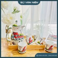 Bộ bình sứ rót nước (Kèm khay gỗ) - Dung tích 1.5L - Gốm sứ Bát Tràng cao cấp - An toàn cho người sử dụng - BS005
