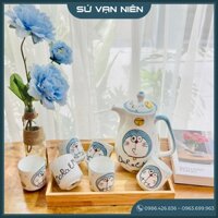 Bộ bình sứ rót nước (Kèm khay gỗ) - Dung tích 1.5L - Gốm sứ Bát Tràng cao cấp - An toàn cho người sử dụng - BS007