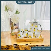 Bộ bình sứ rót nước (Kèm khay gỗ) - Dung tích 1.5L - Gốm sứ Bát Tràng cao cấp - An toàn cho người sử dụng - BS002