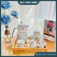 Bộ bình sứ rót nước (Kèm khay gỗ) - Dung tích 1.5L - Gốm sứ Bát Tràng cao cấp - An toàn cho người sử dụng - BS008