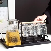 Bộ bình thủy tinh chịu nhiệt vân sần đáy vuông kiểu Nhật 1800ml, 1500ml kèm giá úp cốc và khay inox