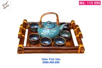 Bộ bình trà 450ml quai mây, mã 115099, men hoả biến, đỏ xanh nâu, khay tre, gốm sứ bát tràng tinh vậ