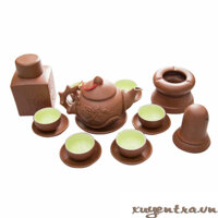 Bộ bình trà gốm lòng ngọc kèm đủ phụ kiện đắp hoa phù dung