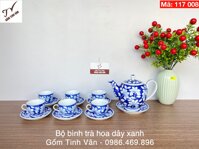 Bộ bình trà hoa dây mã 117008, men xanh lam cổ, dung tích ấm 600ml, dáng tròn sang trọng, tặng kèm hộp trà khô, hoa văn vẽ tay tỉ mỉ, sắc nét, bộ ấm chén gốm sứ bát tràng tinh vân