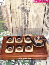 Bộ bình trà men hổ phách hoả biến, mã 115076, quai sứ, đĩa vuông, dung tích ấm 500ml, khay gỗ 2 ngăn sang trọng, ấm chén gốm bát tràng