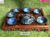 Bộ bình trà men hoả biến, mã 115077, dung tích 250ml, khay nhựa giả gỗ, bộ ấm chén gốm bát tràng tinh vân