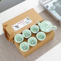 Bộ Bình Trà Men Ngọc Nhạt Gồm Ấm Và 6 Chén Trà Có Hình Cá 3D Sang Trọng