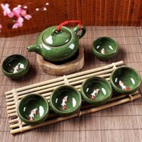 Bộ Bình Trà Men Ngọc Nhạt Gồm Ấm Và 6 Chén Trà Có Hình Cá 3D Sang Trọng - S240