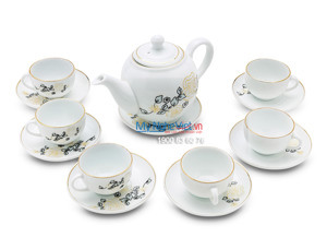 Bộ bình trà men trắng vẽ hoa vàng MNV-TS013