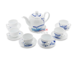 Bộ bình trà men trắng vẽ sen MNV-TS038