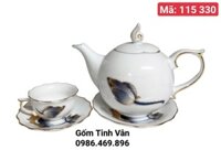 Bộ bình trà men trắng vẽ vàng 24k cao cấp, mã 115325 trọn bộ gồm 1 ấm,6 ly, 7 đĩa,nắp chóp lửa,hoạ tiết búp hoa sen viền vàng,gốm sứ Bát Tràng Tinh Vân