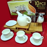 Bộ bình trà sứ trắng 4 tách dĩa tròn và kệ gỗ. M13-6