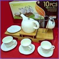 Bộ bình trà sứ trắng 4 tách dĩa tròn và kệ gỗ. M13-6