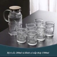 Bộ bình và 6 cốc thủy tinh họa tiết hoa