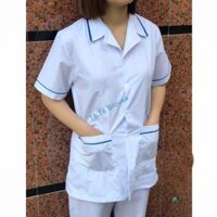 Bộ blouse trắng viền xanh điều dưỡng, dược sỹ, y tá nam nữ cộc tay hàng đẹp - có bán lẻ Áo, quần riêng  - Quần Nữ,M