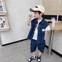bộ bò 3 chi tiết cho bé trai gồm áo gile bò quần đùi jean kèm áo phông cực truất phong cách hàn quốc 8-20kg,