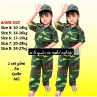 Bộ bộ đội rằn ri kèm mũ lưỡi trai cho bé trai và bé gái