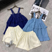 Bộ bò giấy 2 dây điều chỉnh oze  Bèo quây chun ngực  Beo tầng baby  Quần tacta xoè  2 màu bò đậm - nhạt