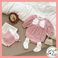 Bộ bodysuit dài tay kèm mũ và quần tất cho bé gái, set nơ trắng áo liền quần