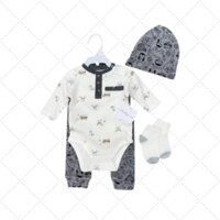 bộ bodysuit dài tay mũ tất (yếm tất) cho bé sơ sinh tới 9m- Set 4 chi tiết