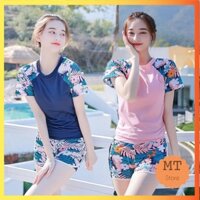 Bộ bơi áo tắm bikini nữ đi biển áo cộc quần đùi phối ren hoa cá tính siêu xinh 2 màu xanh , hồng