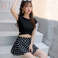 Bộ bơi, bộ bikini 2 món áo croptop xoắn eo và chân váy chấm bi có quần trong siêu xinh