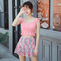 Bộ bơi, bộ bikini 2 món áo croptop bèo và chân váy hoa có quần trong siêu xinh