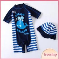 Bộ bơi cho bé 2-7 tuổi liền thân kèm mũ hình cá Heo, Đồ bơi bé trai cao cấp vải co giãn cực tốt