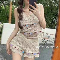 Bộ bơi - tắm biển bikini đan móc hoạ tiết bông cẩn thận MS340