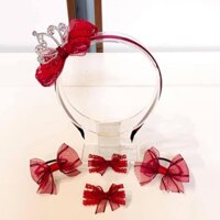 Bộ bờm handmade ren đỏ gắn vương miện đá treo