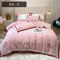 Bộ Bốn Chiếc 100% Vải Bông 100% Cô-tông Cotton Chất Lượng Cao Phong Cách Châu Âu Vải Dệt Bằng Tơ Thêu Ga Trải Giường Vỏ Chăn Màu Hồng Công Chúa Giường Đôi Vật Dụng