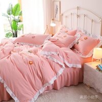 ☇♙₪Bộ Bốn Mảnh Cotton Giặt Bằng Nước Phong Cách Hàn Quốc, Chăn Bông Thêu Hoa Trái Tim Thiếu Nữ, Bộ Chăn Ga Gối Đệm Kv6P