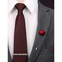 Bộ bốn món cà vạt màu đỏ rượu vang cho nam, cà vạt công sở chính thức, phong cách Hàn Quốc, cà vạt lười cho chú rể, khăn vuông, kẹp cà vạt