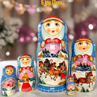 BỘ BÚP BÊ NGA MATRYOSHKA CAO CẤP 5 LỚP 17CM HOA VĂN "LỄ HỘI MÙA ĐÔNG" MÀU XANH RẤT ĐẸP VÀ SANG TRỌNG
