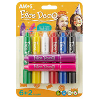 Bộ bút màu vẽ mặt nhập khẩu Hàn Quốc AMOS Face Deco Vỉ 6 + 2 màu