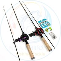 Bộ Cần Câu Lure UL Máy Ngang Titan + Dù PE x8 100m + 1 con nhái hơi + 1 con cá sắt + 5c khóa lure