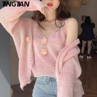 Bộ cardigan họa tiết hoa TINGTIAN3D và áo khoác Hàn Quốc lót đôi