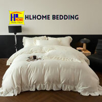 Bộ chăn ga cotton lụa silk bèo ren mềm mịn kết hoa sắc màu set vỏ chăn ga gối cao cấp